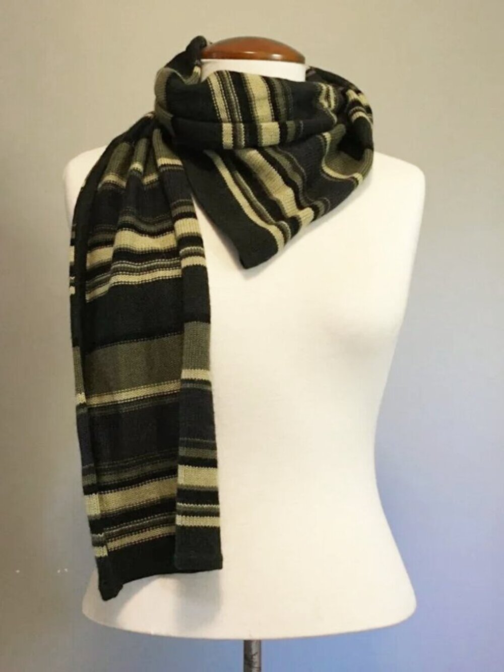 Kasper ASL Green Tan Striped Wool Blend Scarf Academic Vintage